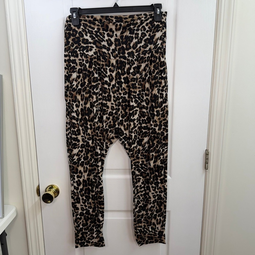Popana brown leopard print pull on soft‎ jogger pockets stretch pants casual L